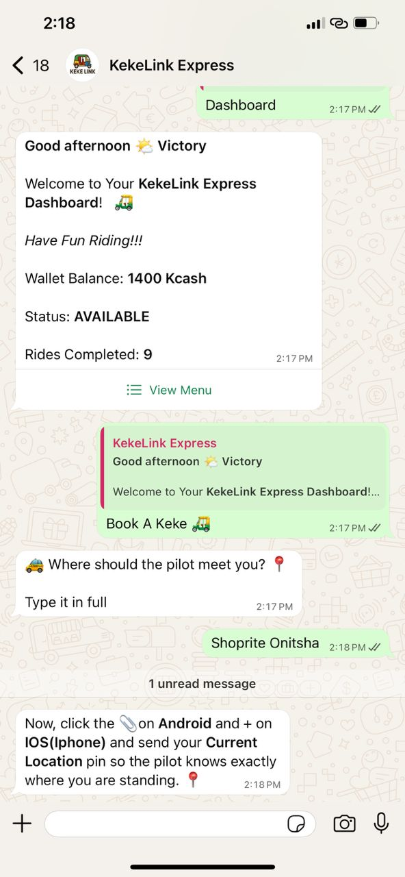 KekeLink WhatsApp bot showing ride booking conversation